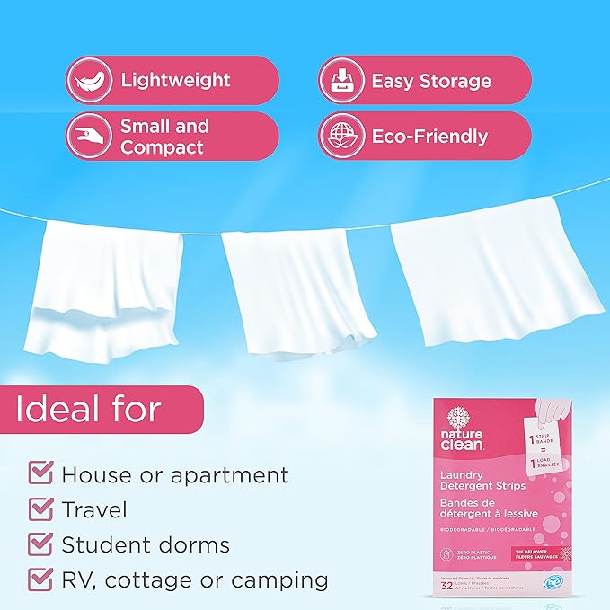 Nature Clean Plastic-Free Packaging Laundry strips, Eco-Friendly Laundry Detergent Sheets Wildflower, 32 count 2-pack