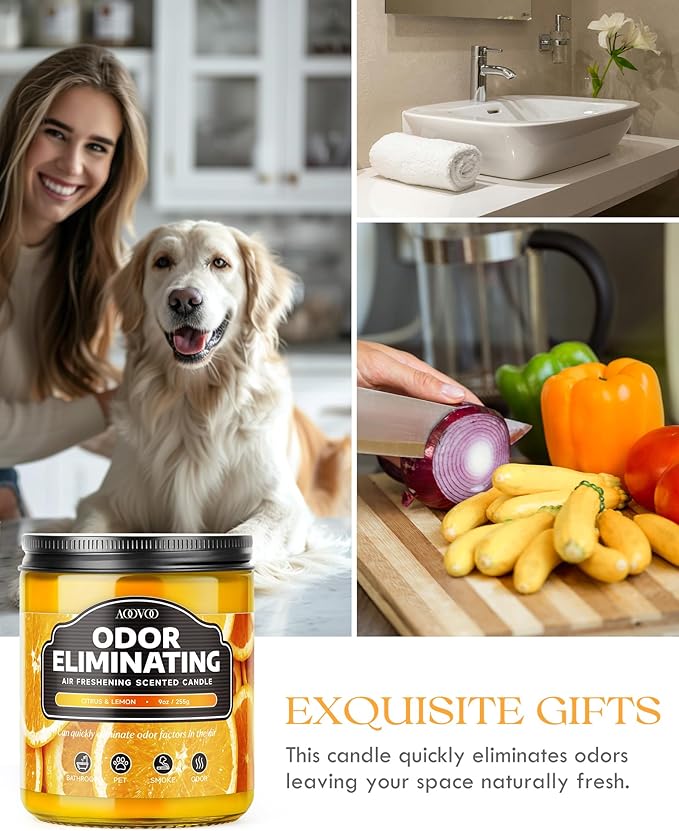 AOOVOO Citrus & Lemon 2 Pack Odor Eliminating Highly Fragranced Candle - Eliminates 95% of Pet, Smoke, Food and Other Smells Quickly, Non Toxic Air Freshing Soy Candle, 18 oz Up to 100 Hours Burn time