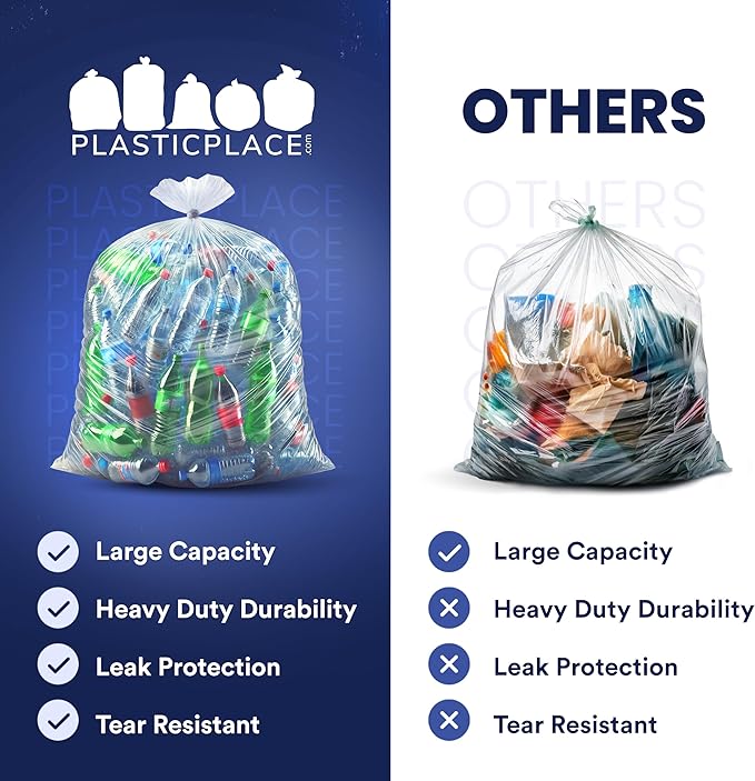 Plasticplace Contractor Trash Bags 55-60 Gallon, Heavy Duty Garbage Bags, 3.0 Mil Clear Trash Bags, Tear-Resistant Large Trash Can Liners for Construction, Recycling & Home Improvement (50 Count)