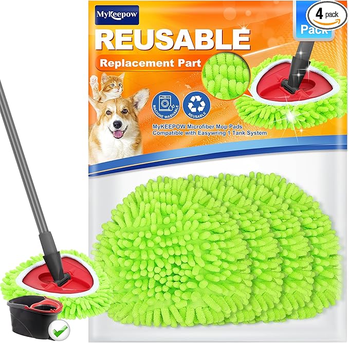 4 Pack Mop Pads Compatible with O-Cedar Easy Wring 1-Tank Spin Mop System, Replacement for Hardwood Floor Cleaning, Green