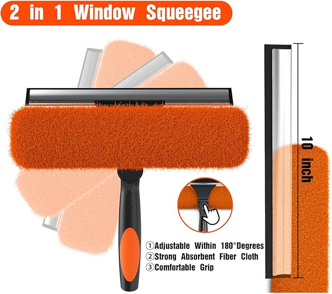 4FT Window Squeegee with Extension Pole, 2-in-1 Squeegee for Window Cleaning, Professional Cleaning Kit for Home with 4FT Telescoping Pole for Outdoor Indoor Use