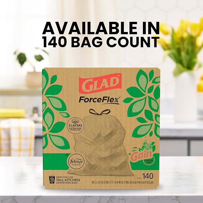 Glad ForceFlex Tall Kitchen Trash Bags,13 Gallon,Gain Original,(Package May Vary),140 Count (Pack of 2)