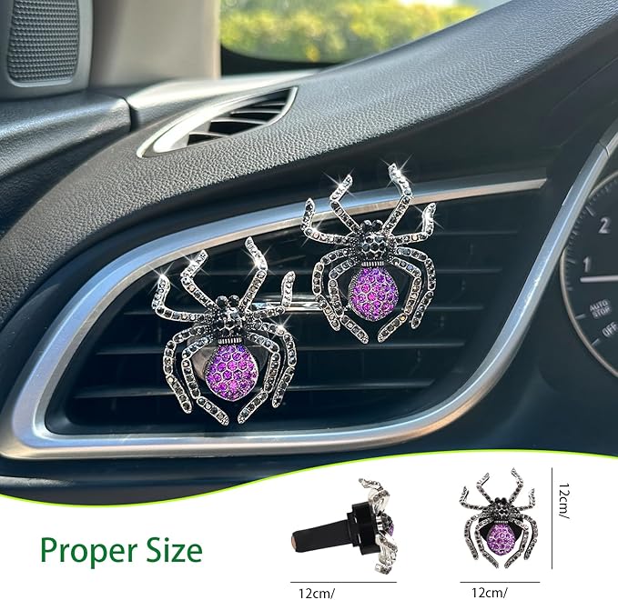 Spider Car Decor,2pcs Purple Black Spider Air Vent Clips Car Fresheners,Bling Goth Horror Decorations Accessories,Refillable Essential Oil Diffuser