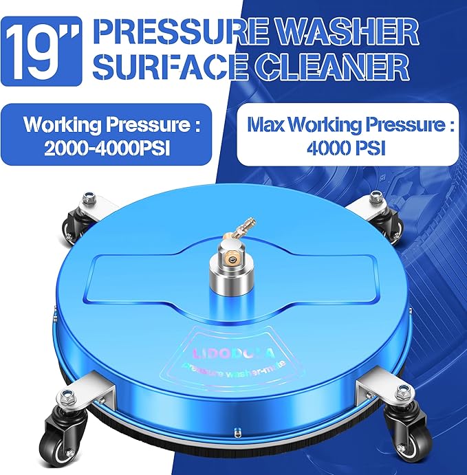 19'' Pressure Washer Surface Cleaner with 4 Wheels - Stainless Steel Surface Cleaner for Pressure Washer Attachment for Concrete, Driveway, Patio, Sidewalk, Deck and Driveways (19 INCH Blue)