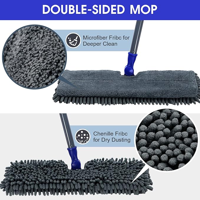 Masthome EasyWring Microfiber Spin Mop with 3 Mop Pads & Masthome Flat Flip Dust Mop with 4 Reusable Pads for Hardwood, Laminate,Tile Floor Cleaning-1 Scraper