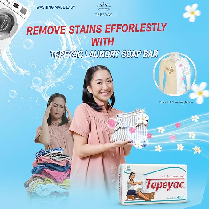 Tepeyac Biodegradable White Laundry Bar and Tough Stain Remover, For all Fabric Types - Fresh Scent 400 g (Pack of 4)