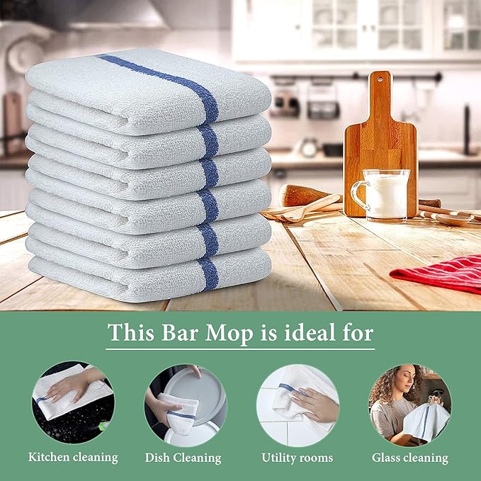 Bar Mop Blue Stripe 10lbs 16x19 Pack of 60 100% Cotton Double Stitched Route Ready Absorbent Kitchen Towel Dish Towels and Dishcloths Towels Sets Washcloth Kitchen Towels