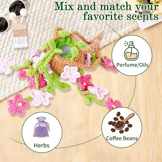 Crochet Car Air Freshener, 8 ml Empty Refillable Oil Diffuser Bottle with Hanging Crochet Red Daisies Plant & Hanging Tools, Car Rearview Mirror Diffuser for Wall Art & Home & Office Decoration
