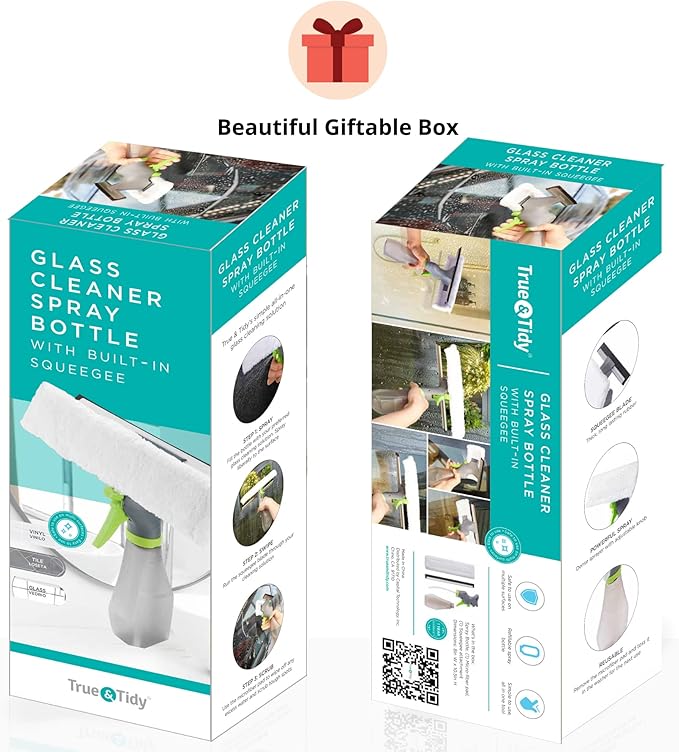 True & Tidy Window and Glass Cleaner Refillable Spray Bottle with Built-in Squeegee and Machine-Washable Microfiber Scrubber, Use Any Cleaning Solution, 10 inches