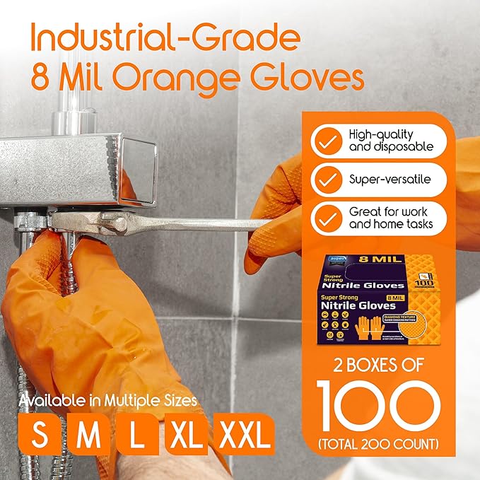 Inspire Heavy Duty Orange Nitrile Gloves | ULTRA 8 Mil Diamond Textured Grip | Industrial Mechanic Disposable Cleaning Gloves