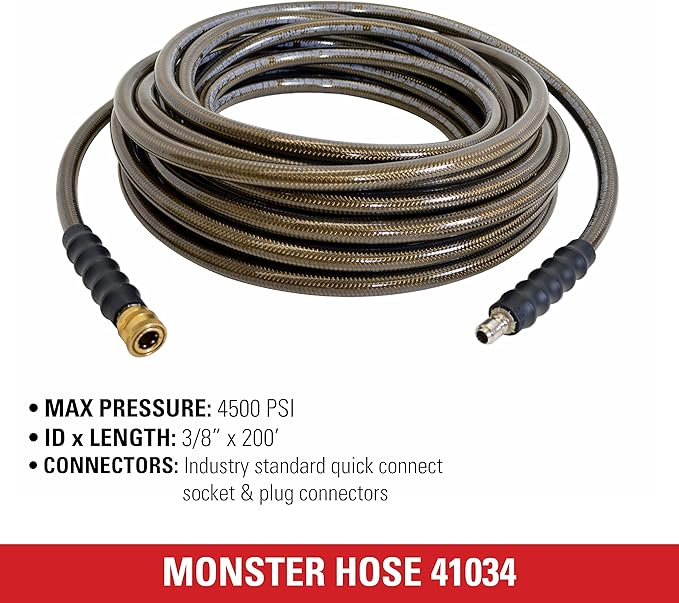 Simpson Cleaning 41034 Monster Series 4500 PSI Pressure Washer Hose, Cold Water Use, 3/8 Inch Inner Diameter, 200-Foot, Brown