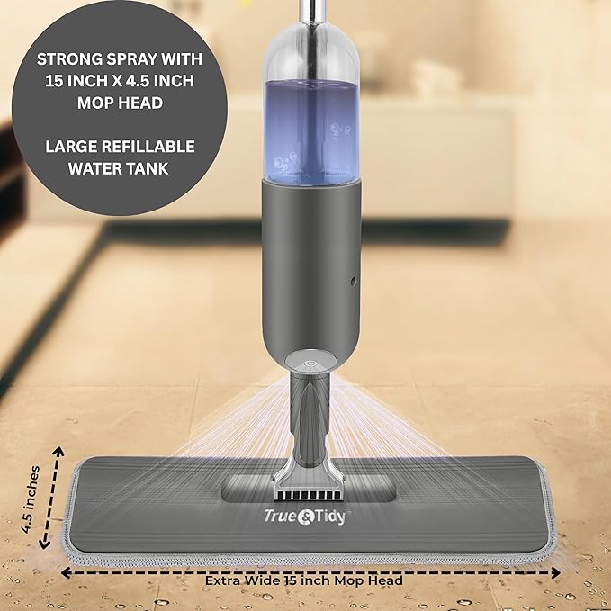 True & Tidy® SPRAY-250A Multi-Surface Spray Mop with Refillable Water Bottle, Use Any Cleaning Solution Easy to Fill and Refill with Machine Washable Mop Pad (Gray)