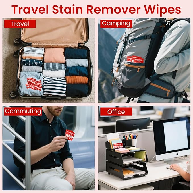 Stain Remover Wet Wipes Bulk, Individual Wrapped Clothes Portable Travel Messy Eater Cleaning Laundry Stain Removal Wipes Pocket Size for Clothing Fabric/Shoes/Wine/Fast Food 7.1 x 4.7 Inch (Red 200)