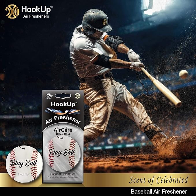 Baseball Car Air Freshener by HookUp - 10 Pack - Black Gold Scent (Extra Strong) | Unique Baseball Gift for Players, Coach, Fans | Hanging Car Accessory with Long Lasting Fresheners Smell