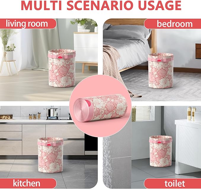 Trash bags, 4 Gallon Trash Bags Drawstring, Colorful & Portable Small Trash Bags with Plum Blossom Printed, Tear-Resistant Garbage Bags 4 Gallon for Bathroom Office Trash Cans, 80 Count