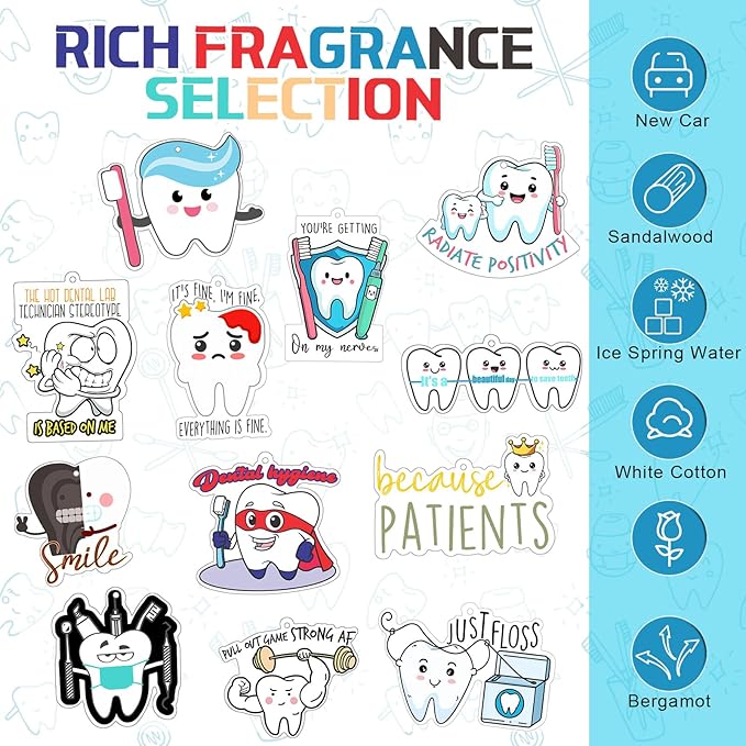 24 Pcs Dental Hygienist Gifts for Hygiene Week Funny Air Freshener Car Scented Hanging Tooth Decor for Doctor Nurse Medical Staffs Dentists Assistants Student Teacher Appreciation Gifts