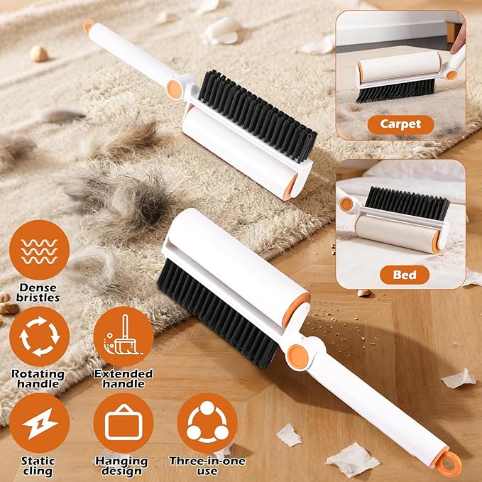 3-in-1 Pet Hair Remover Tool: Soft Dust Brush, Lint Roller for Clothes & Bench Brush with 180° Adjustable Handle, Pet Hair Removal for Dog/Cat Hair on Clothes, Bed, Sofa (White, One Size)
