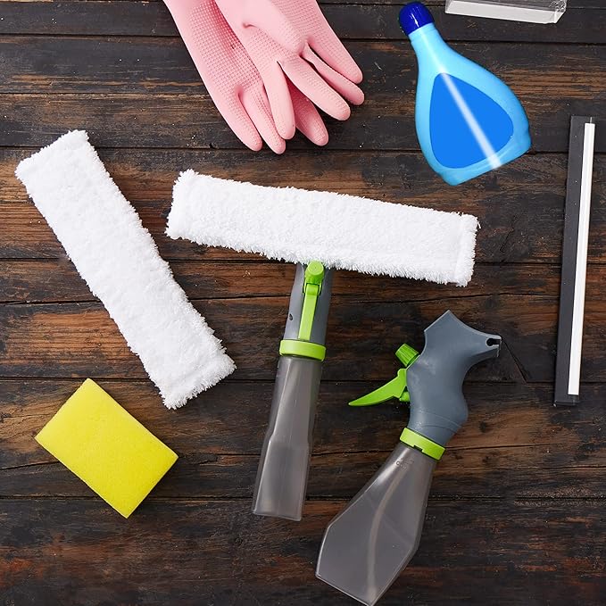 True & Tidy Window and Glass Cleaner Refillable Spray Bottle with Built-in Squeegee and Machine-Washable Microfiber Scrubber, Use Any Cleaning Solution, 10 inches