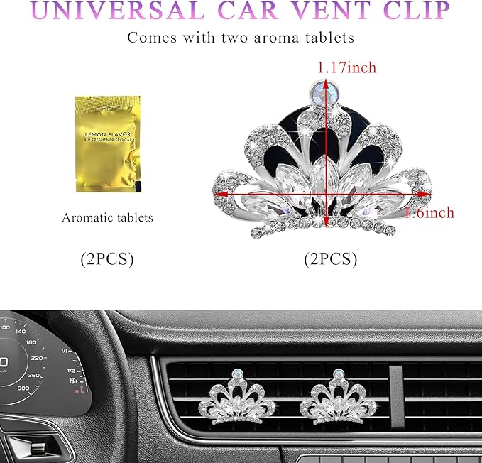 2 PCS Bling Car Air Vent Clips, Crystal Rhinestone Crown Vent Decorative Air Freshener Clips, Sparkly Diamond A/C Outlet Aroma Diffuser Clip for Vehicles, Car Accessories (White)