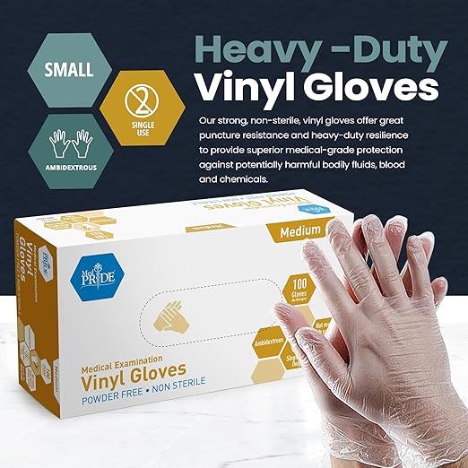 MED PRIDE Disposable Medical Grade Vinyl Exam Gloves, Latex & Powder Free, Ultra-Strong, for Healthcare & Food Handling (Medium (Pack of 100) 100 Clear)