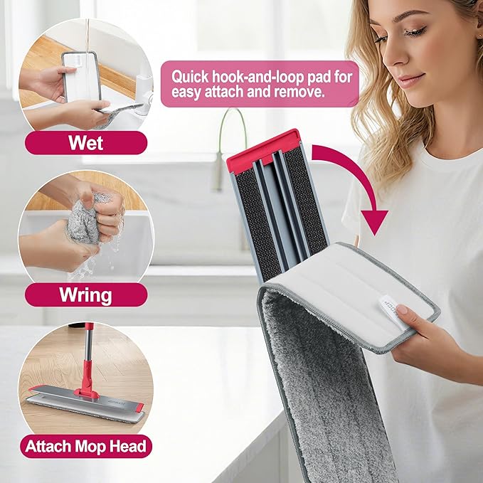 JOYMOOP 18 Inch Dust Mop for Hardwood Floors, Heavy Duty Industrial Wet Dry Mops with Telescopic Handle, Includes 3 Microfiber Mop Pads - Red-Grey