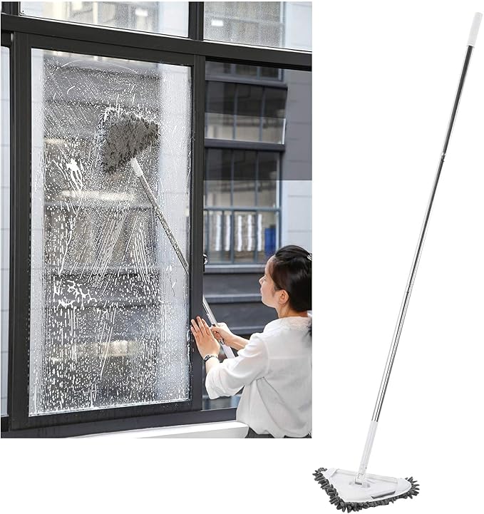 Multi Functional Window Cleaner, Detachable Rod Glass Wiper, 360 Degree Rotatable Floor Ceiling Wall Cleaner with Ergonomic Handle, Includes 3 Stainless Steel Tubes and 2