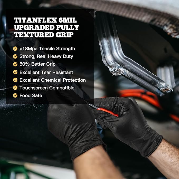 TitanFlex Heavy Duty Black Nitrile Gloves, 6 Mil, Fully Textured, Mechanic Disposable Gloves, Latex Free, Powder Free