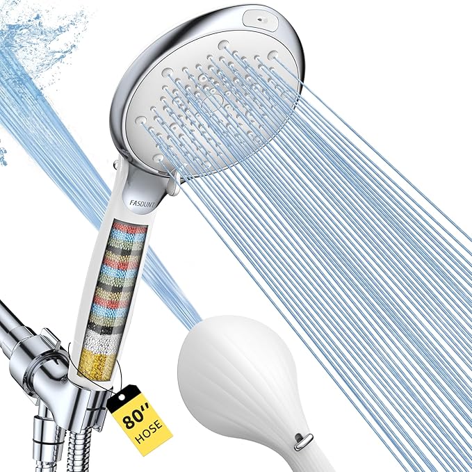 FASDUNT Filtered Shower Head with Handheld, High Pressure 8-Mode Handheld Showerhead with Filters for Hard Water -Remove Chlorine, Built-in Power Wash, Extra Long 80" Hose & Adjustable Bracket