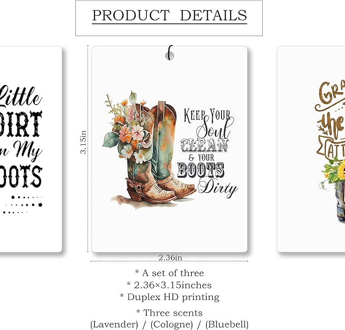 Mancheng-zi Retro Western Car Air Freshener 3Pcs, Floral Cowgirl Boots Inspirational Air Freshener Hanging for Cars Closet Drawer or Books, Western Girly Car Accessories Mirror Decor for Women