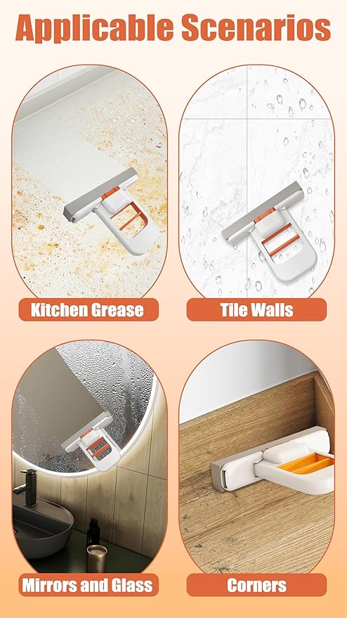 Self-Squeeze Mini Mop & Crevice Brush Set, Cleaning Tool for Small Spaces, Hard Bristle Brush for Tile Grout, Window Tracks, Kitchen, Bathroom & Car (Orange)