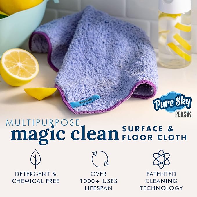 persik Pure-Sky Magic Deep Clean Cleaning Cloth – JUST ADD Water No Detergents Needed - Multipurpose Ultra Microfiber Cloth - Attachable to Mop, or as Handheld Microfiber Towels - Pack of 2