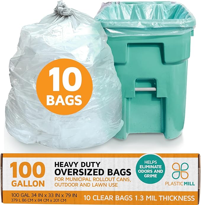 PlasticMill Heavy Duty Trash Bags - Clear Garbage Bags - Plastic Trash Bags for Large Rolling Trash Bins - Tall Trash Bags - 100-Gallon Large Kitchen Trash Bags, 1.3 Mil, 67"x79" (10-Count)