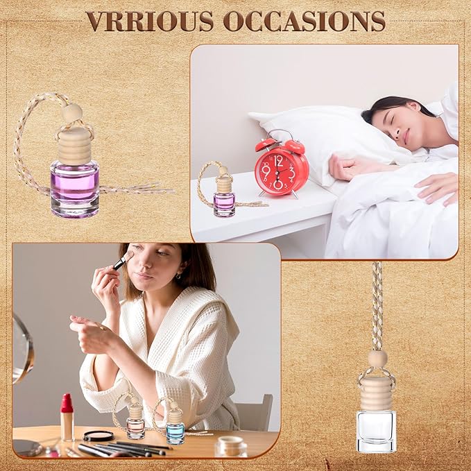 210Pcs 8ml Hanging Car Air Freshener Diffuser Cylindrical Empty Clear Glass Essential Diffuser Oil Aromatherapy Fragrance Perfume Pendant Glass Vial with Wooden Caps Hanging String Car Diffuser Bottle
