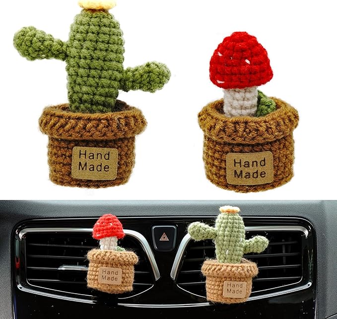 Wonhibo 2 Pack Car Air Freshener Vent Clip, Cute Soft Stuffed Vent Decor Car Accessories for Women (M, Mushroom/Catus)