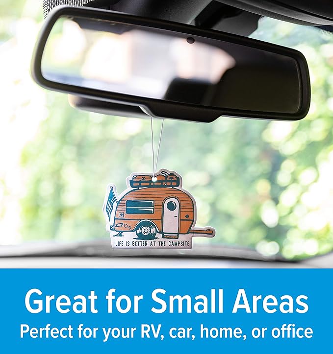 Camco Life is Better at The Campsite Air Freshener - Features Along the Shore Fragrance & Elastic Cord - Use in the Car or RV & Camper - Features Retro RV Design (53363)