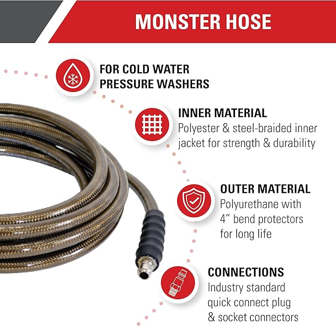 Simpson Cleaning 41028 Monster Series 4500 PSI Pressure Washer Hose, Cold Water Use, 3/8 Inch Inner Diameter, 50-Foot, Brown