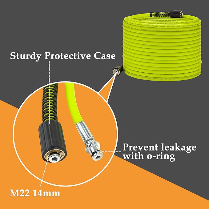 M MINGLE Pressure Washer Hose 50 FT x 1/4" - Replacement Power Wash Hose with M22 14mm Stainless Steel Quick Connect Power Washer Adapter Sets - 3600PSI