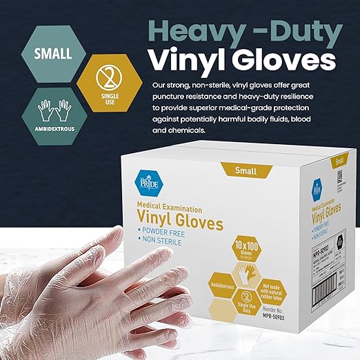 MED PRIDE Medical Vinyl Examination Gloves | Latex and Powder Free | Disposable, Ultra-Strong, Clear (1000, Small (Pack of 1000))