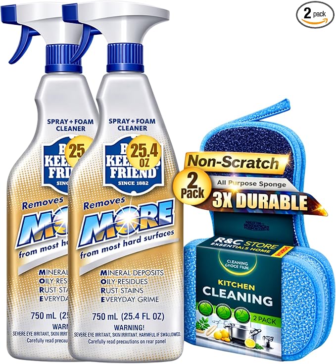 Bar-Keepers-Friend More Spray and Foam Cleaner 25.4oz (2Pack) + 2 Non-Scratch Scrub Sponges | Hard Water Stain Remover | Kitchen & Bathroom Cleaning Kit | By R&C Store