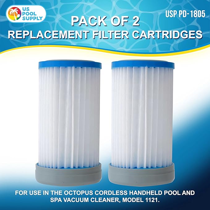 U.S. Pool Supply 2 Replacement Filter Cartridges for Use in The Octopus Handheld Pool and Spa Vacuum Cleaner, Model 1121 - Provides Premium Clean Water Filtration, Removes Finest Swimming Pool Debris