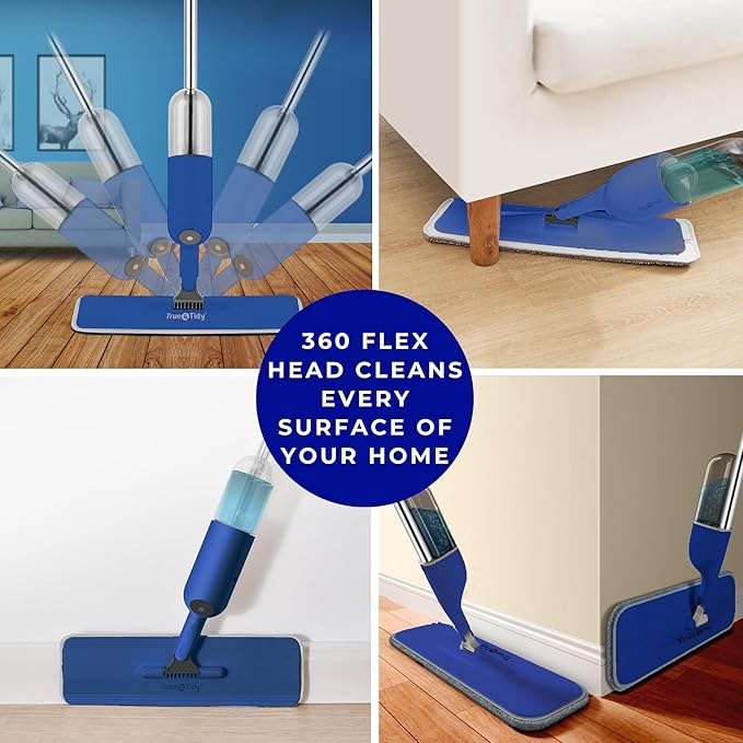 True & Tidy® Multi-Surface Spray Mop with Refillable Water Bottle, Use Any Cleaning Solution Easy to Fill and Refill with Machine Washable Mop Pad (Navy)