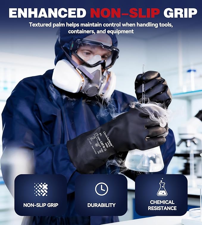 Heavy Duty Rubber Safety Work Gloves, Chemical Resistant Latex Gloves for Cleaning, Acid & Alkali Protection, Hazmat Use, Black, X-Large