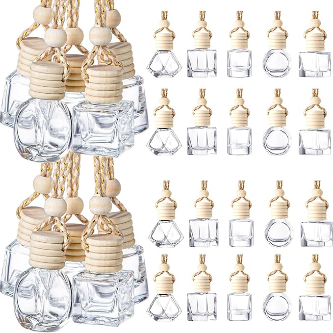 Zubebe 250 Pcs Hanging Car Diffuser Bottles Bulk, 5 Styles Empty Glass Refillable Air Freshener Bottles with Wooden Cap for Perfume Essential Oils Fragrance Aromatherapy Ornament, 8ml 10ml