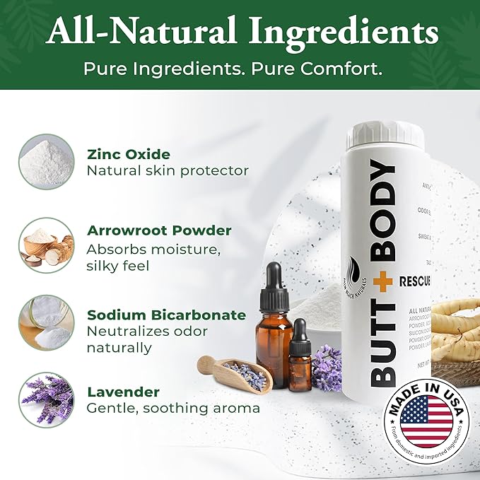 Palm Beach Naturals Butt & Body Rescue Powder for Men & Women – Whole Body Deodorant Absorbs Sweat, Controls Odor & Chafing with Cooling Sensation – Naturally Protects Skin, Talc Free – 4oz
