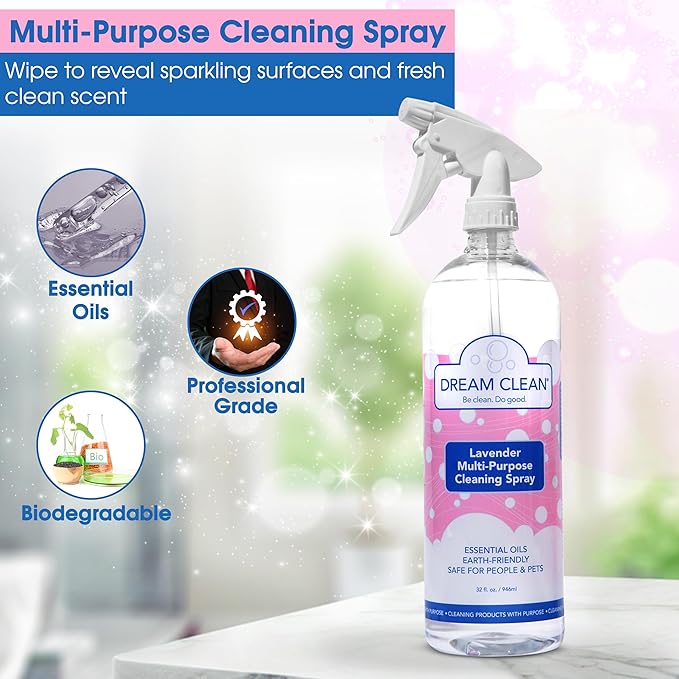Dream Clean Lavender Multi-Purpose Cleaning Spray - Biodegradable and Cruelty-Free Formula for Countertops, Appliances, Outdoor Furniture & More, Lavender Essential Oils, 32oz