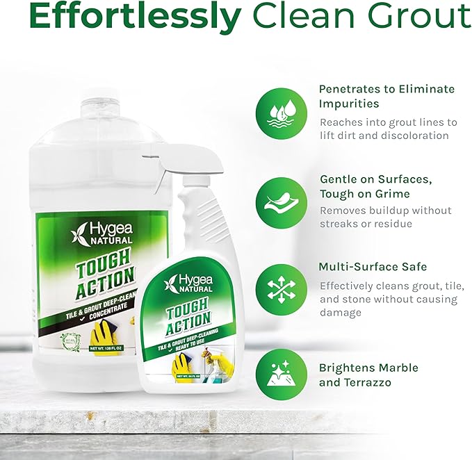 Hygea Natural Tough Action Tile & Grout Cleaner Duo - Deep Cleans Dirt & Scum, Conditions & Enhances Stone Color - Acid-Free & Residue-Free Biodegradable Formula (24 oz Spray + Concentrated Gallon)