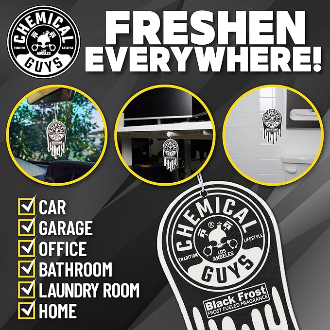 Chemical Guys Hanging Air Freshener, Black Frost Scent 6 Pack, Great for Cars, Trucks, SUVs, RVs, Home, Garage, Workspace, Dorm Room & More (2 x 3 Packs) - AIR40502