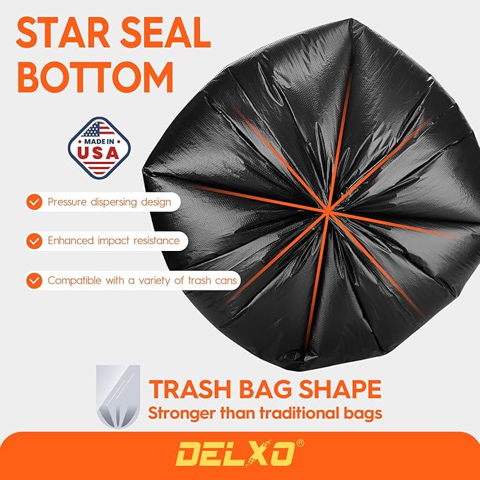 Delxo 55-60 Gallon Trash Bags, 100 Count – 0.9 Mil Medium Duty Garbage Bags, Durable & Puncture-Resistant Plastic Bolsas para basura, Perforated Design– Made in USA for Kitchen, Yard, Office (Black)