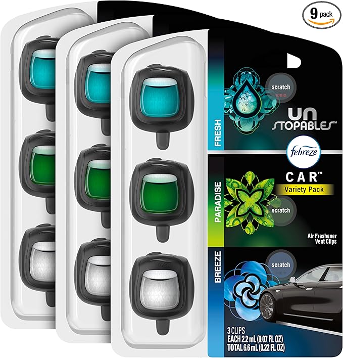 Febreze Car Air Freshener Odor-Fighting Car Vent Clip, Unstopables Variety Pack, 3-Count Pack of 3
