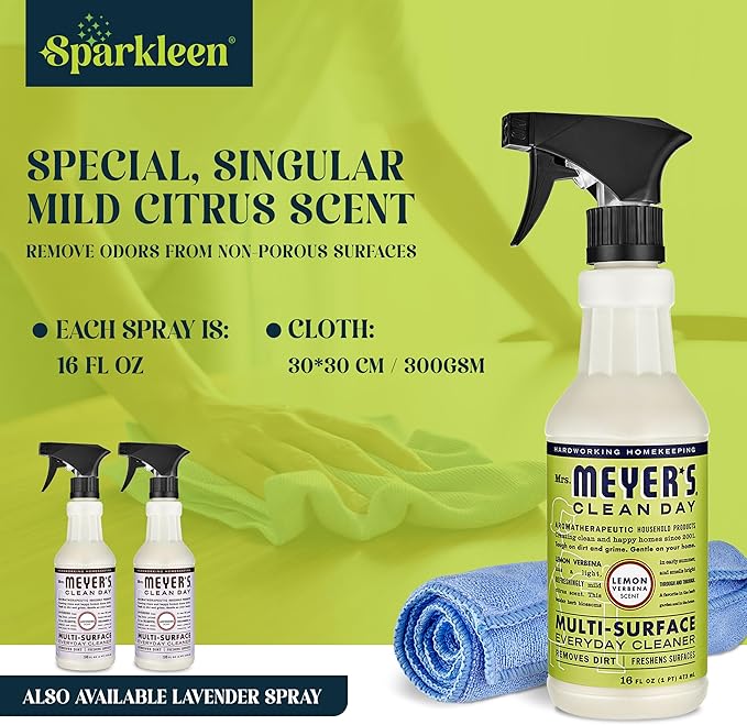 Mrs. Meyers Multi-Surface All Purpose Cleaner Set, Multi-Purpose Cleaner 2 Pack 16 oz. Lemon Verbena Spray and Cloth Set Bundle for Bathroom, Living Room or Bedroom,